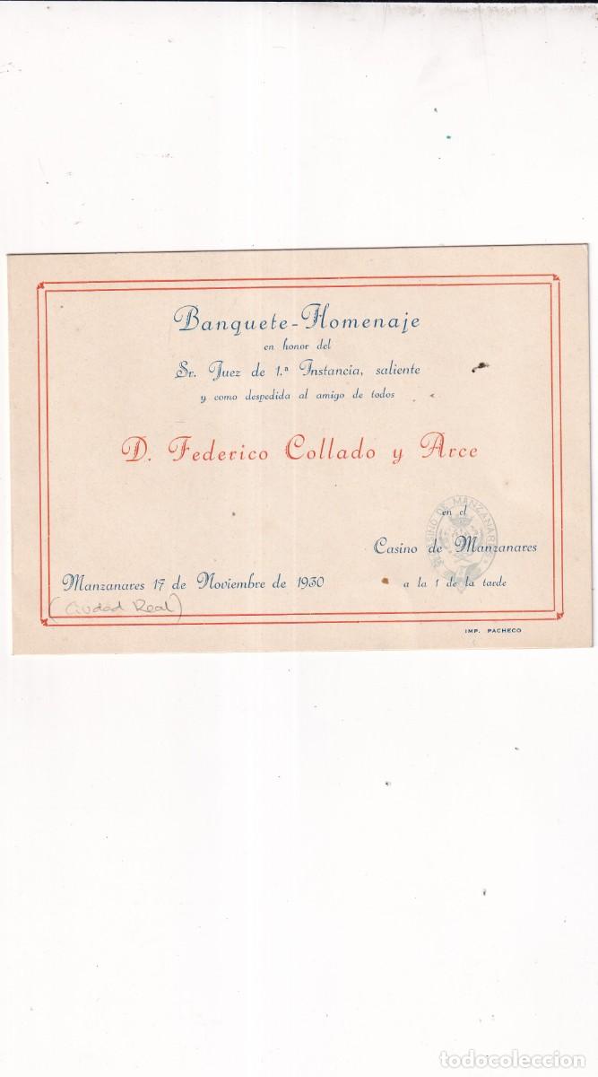 Documentos antiguos: Menu banquete homenaje Sr Juez Federico Collado y Are. Manzanares 1930