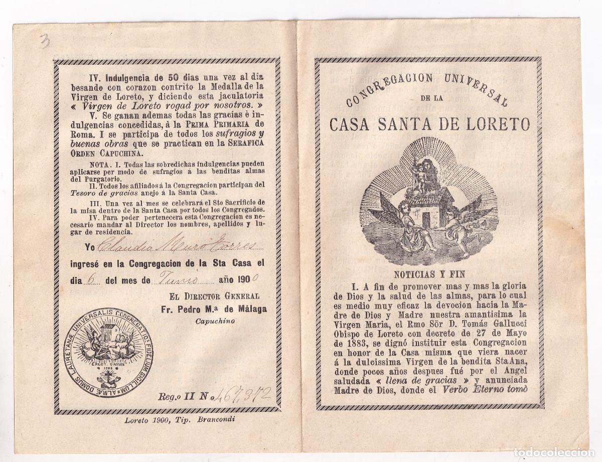 Documents Anciens: CONGREGACI&Oacute;N UNIVERSAL SANTA CASA DE LORETO. D&Iacute;PTICO DE INGRESO. 1900