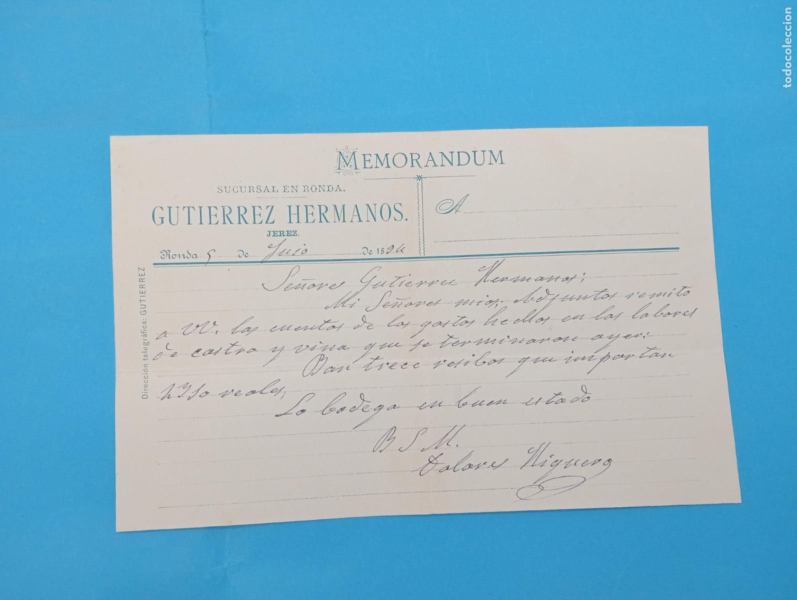 Documentos antiguos: MEMORANDUM. GUTIERREZ HERMANOS. RONDA, 1894. - Foto 1