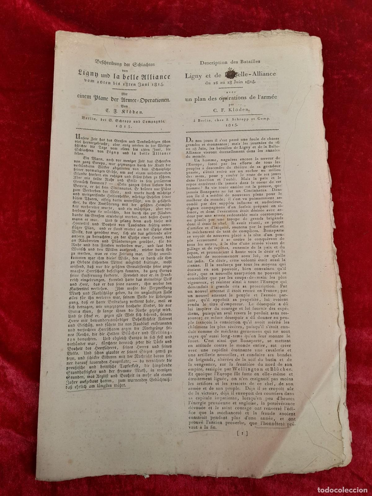 Documentos antiguos: DOC-1098. DOCUMENTO DESCRIPTION DES BATAILLES LIGNY ET DE BELLE ALLIANCE. 1815 - Foto 1