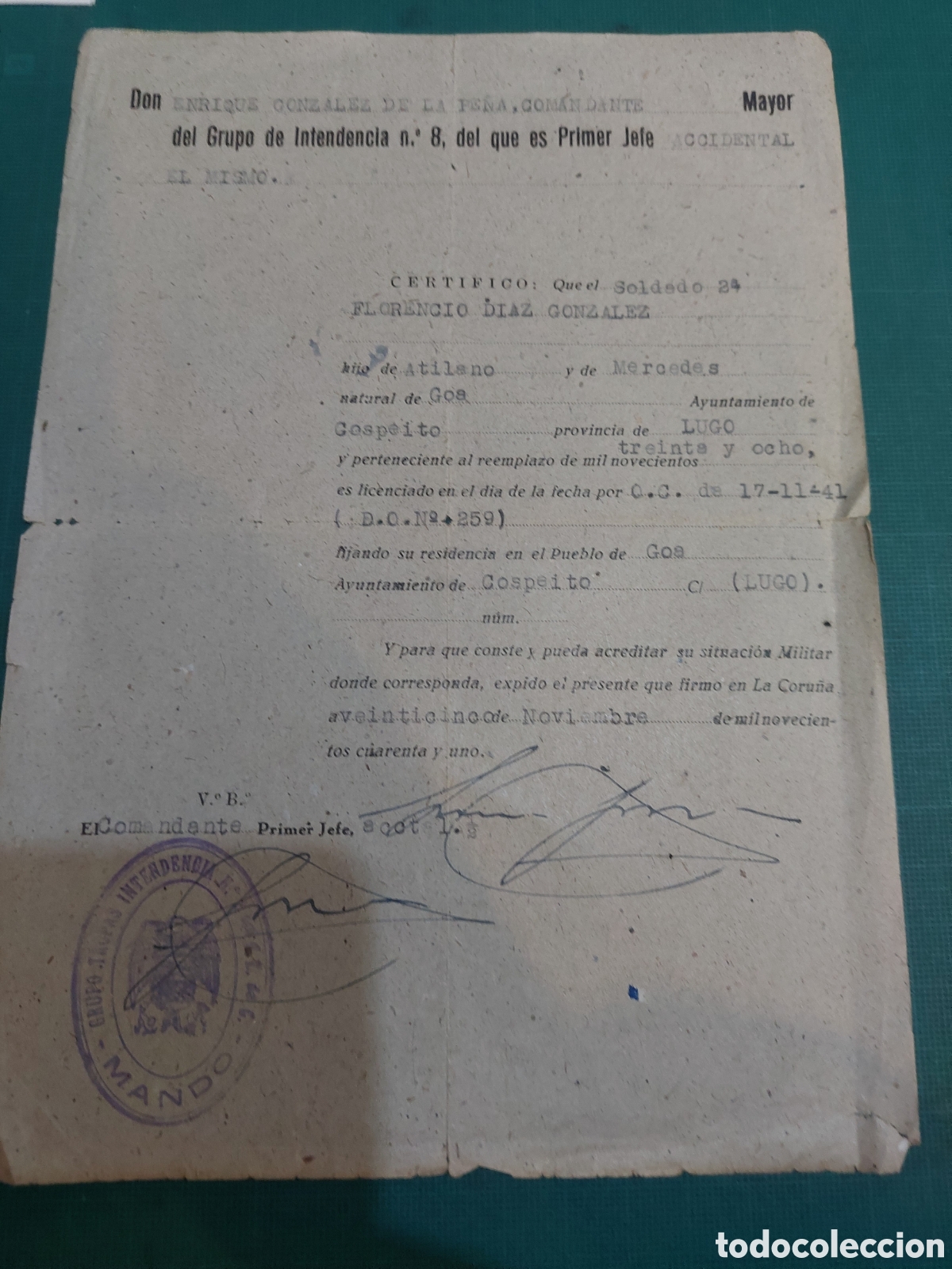 Documenti antichi: LA CORU&Ntilde;A Grupo de intendencia n&uacute;mero 8 certificado soldado 2*