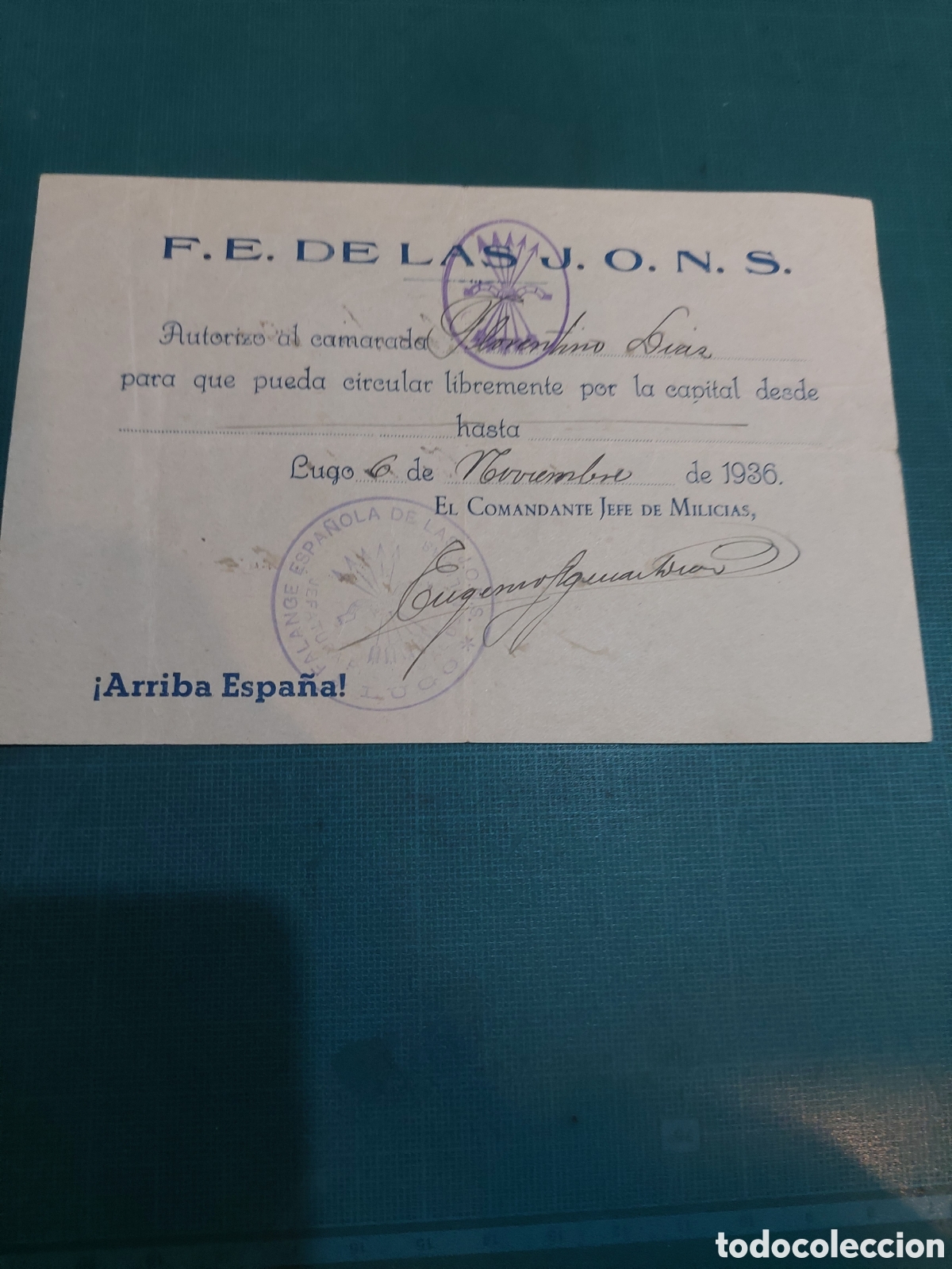 Documenti antichi: FE.DE LAS JONS AUTIRIZACION CURCULACION LIBREMENTE 1936 LUGO