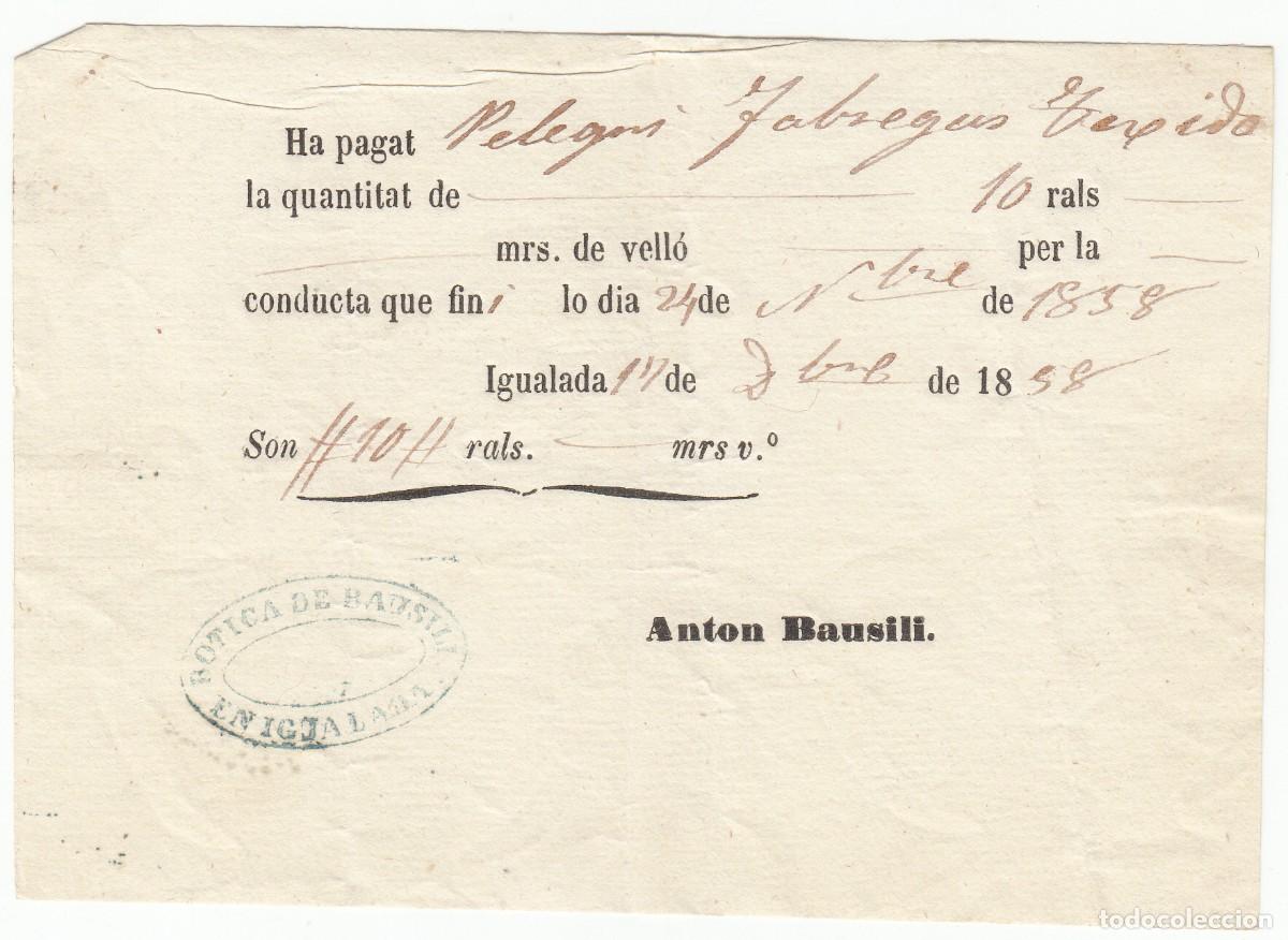 Documentos antiguos: SIGLO XIX - IGUALADA - 1858 - RECIBO BOTICA DE BAUSILI