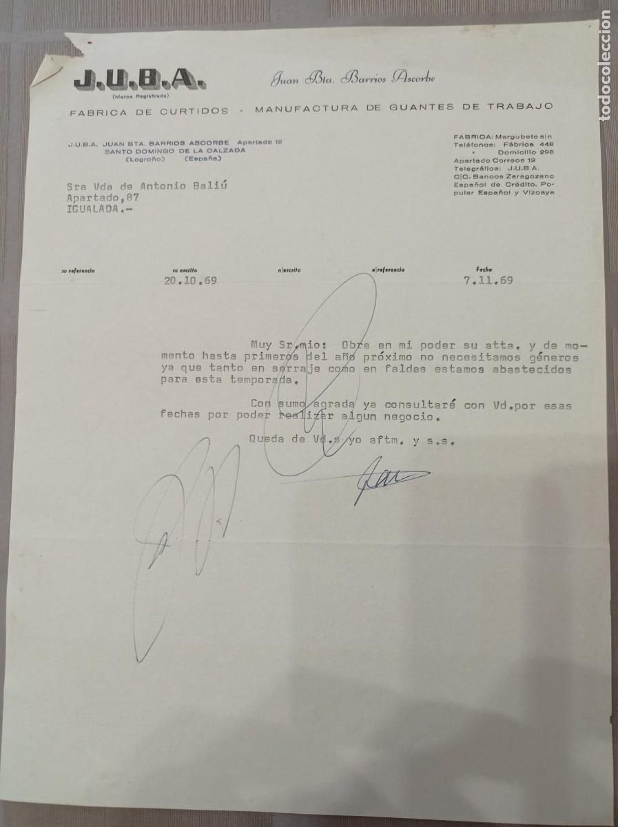 Documentos antiguos: JUBA f&aacute;brica de curtidos santo Domingo de la Calzada Logro&ntilde;o 1969 f&aacute;brica guantes