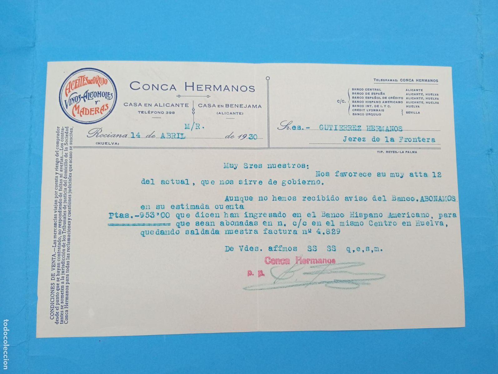 Documentos antiguos: MEMORANDUM. CONCA HNOS. ACEITES DE ORUJO. VINOS-ALCOHOLES Y MADERAS. ROCIANA, HUELVA. 1930.