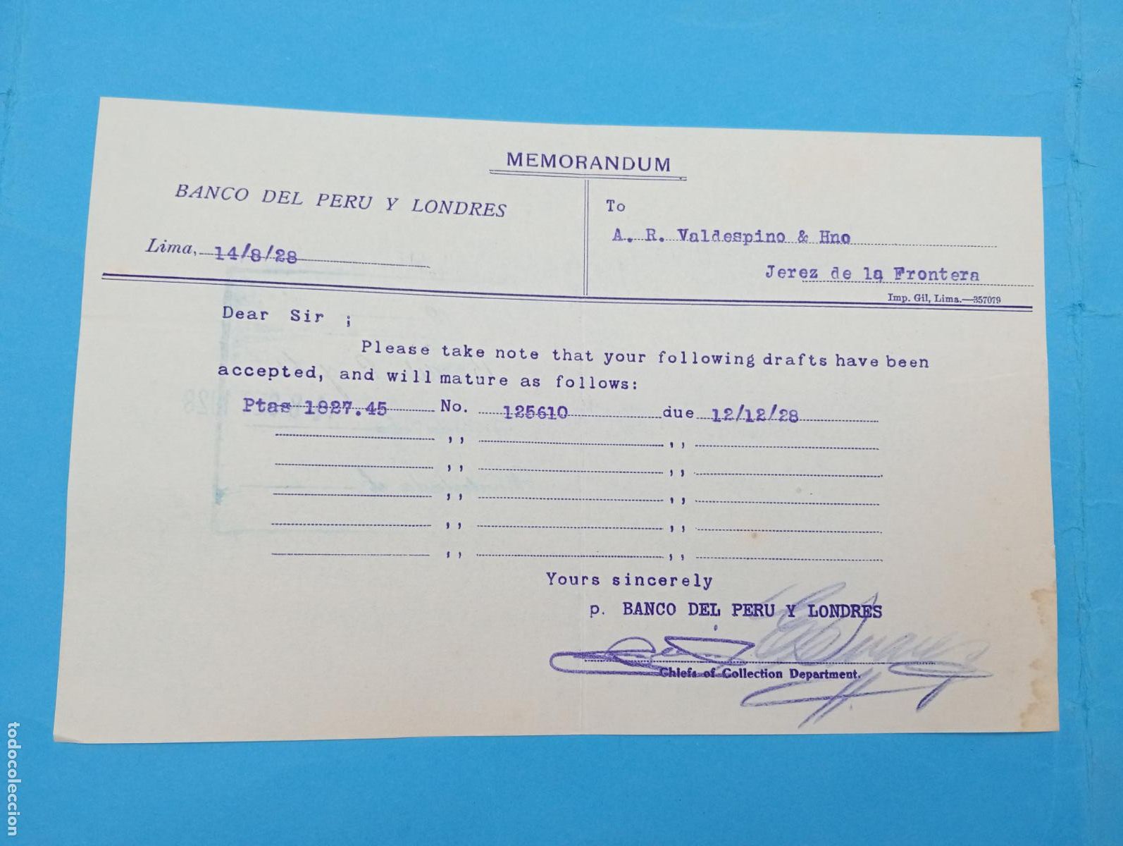 Documentos antiguos: MEMORANDUM. BANCO DEL PERU Y LONDRES. LIMA, PERU. 1928.