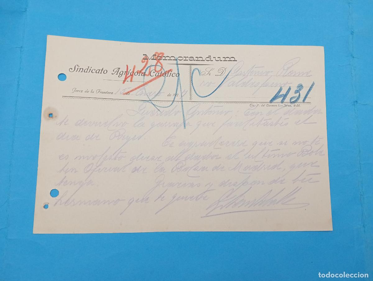 Documentos antiguos: MEMORANDUM. SINDICATO AGRICOLA CATOLICO. JEREZ DE LA FRONTERA. 1927.