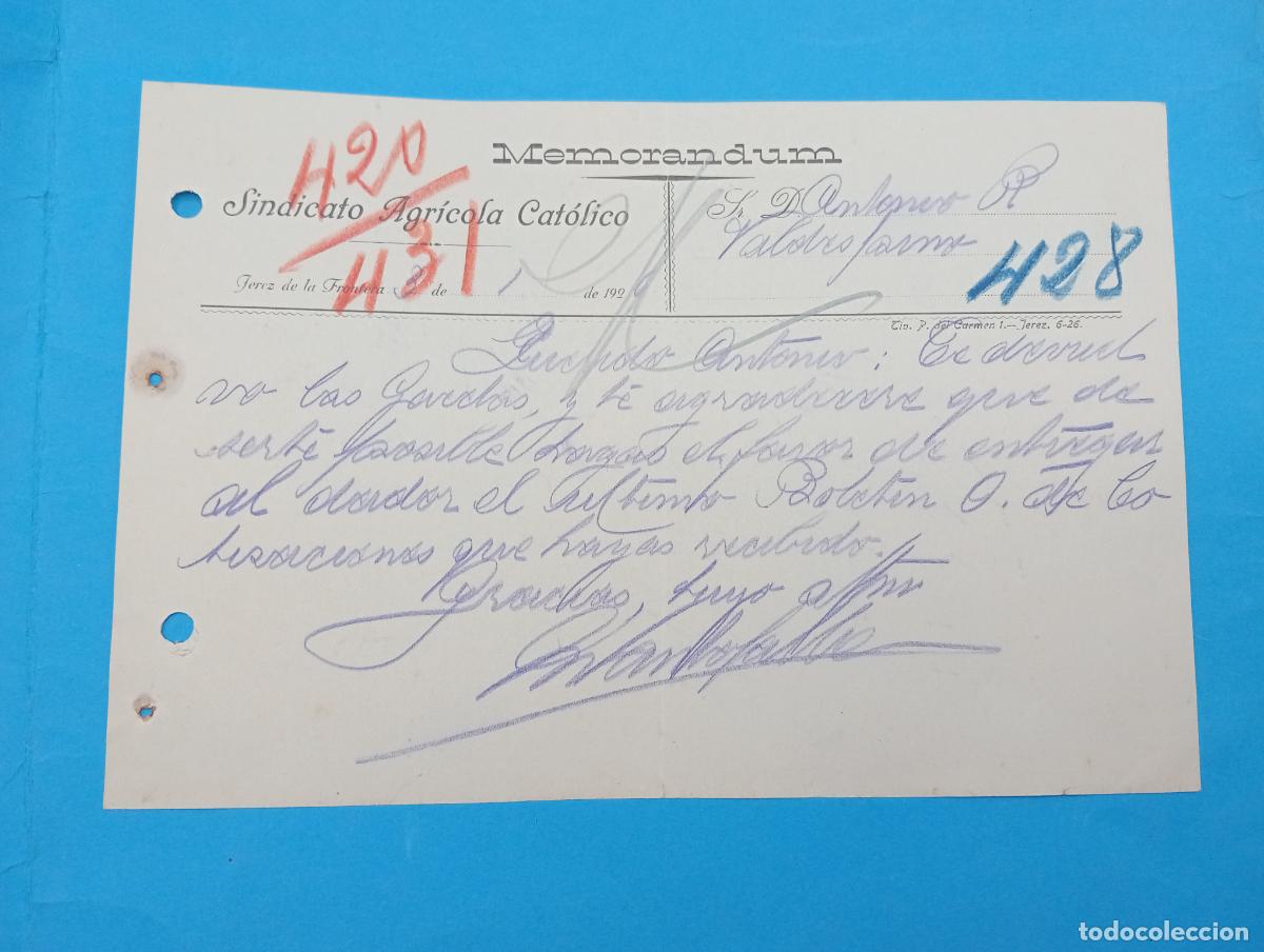 Documentos antiguos: MEMORANDUM. SINDICATO AGRICOLA CATOLICO. JEREZ DE LA FRONTERA. 1926.