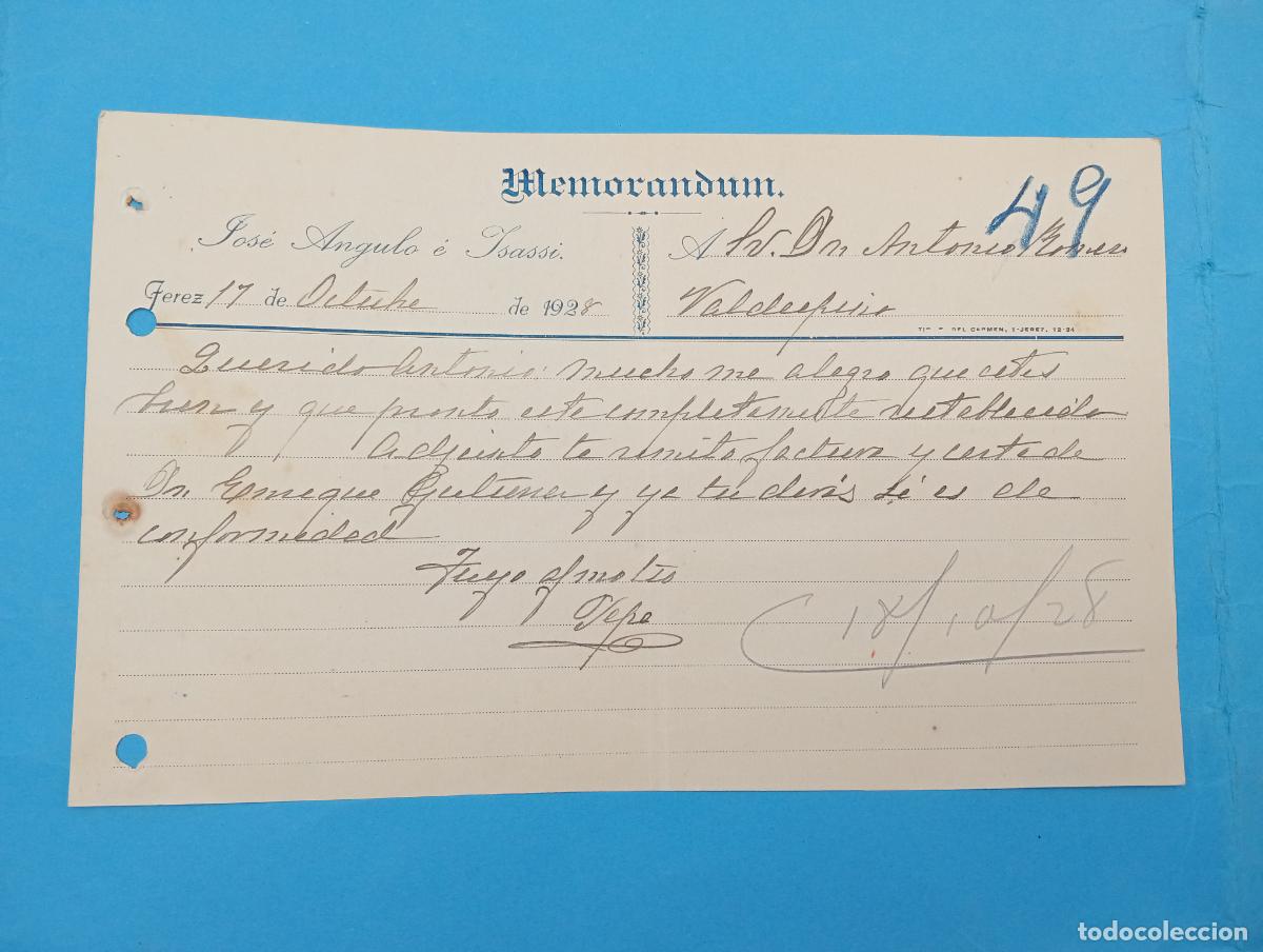 Documentos antiguos: MEMORANDUM. JOSE ANGULO E YSASSI. JEREZ DE LA FRONTERA. 1928. - Foto 1