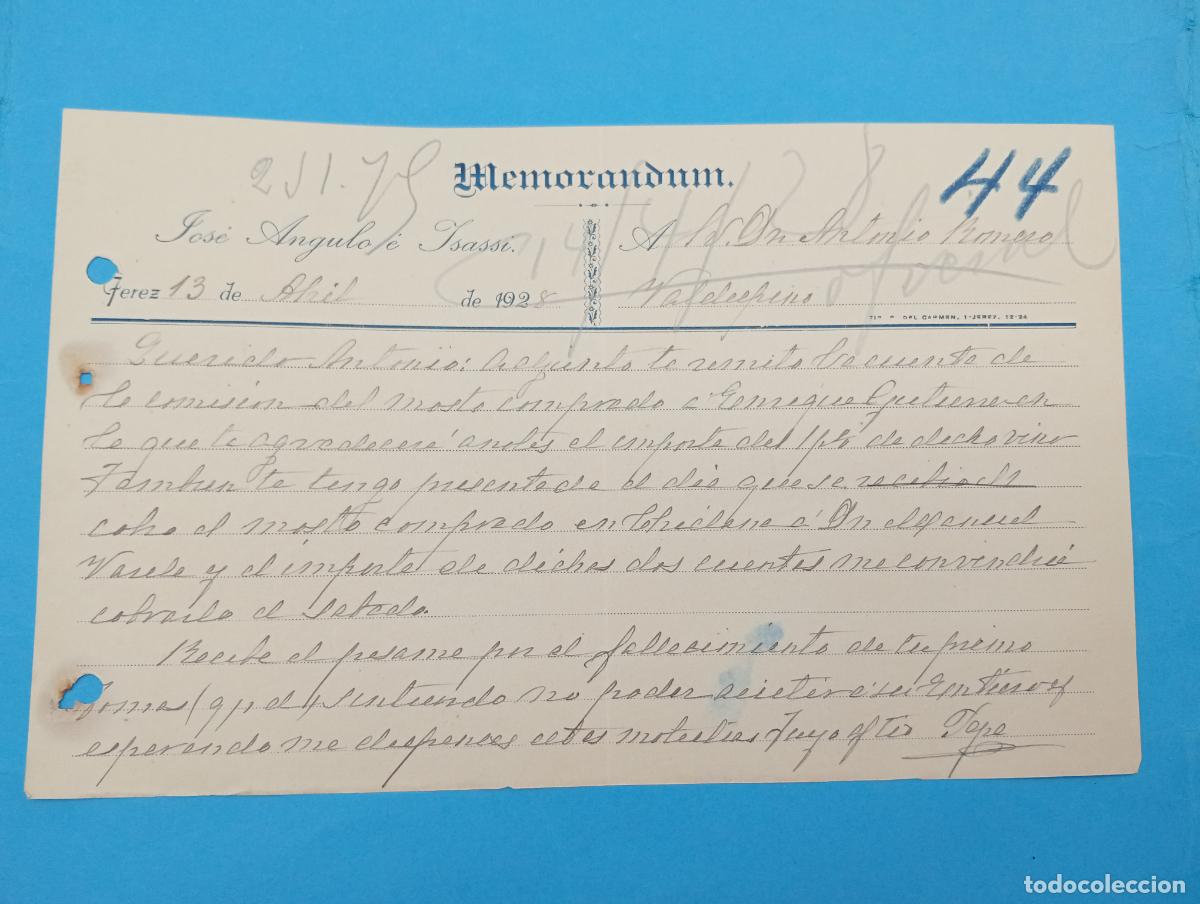 Documentos antiguos: MEMORANDUM. JOSE ANGULO E YSASSI. JEREZ DE LA FRONTERA. 1928.