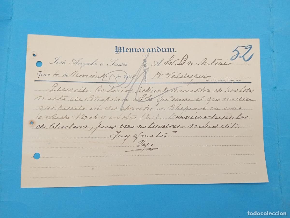 Documentos antiguos: MEMORANDUM. JOSE ANGULO E YSASSI. JEREZ DE LA FRONTERA. 1928.