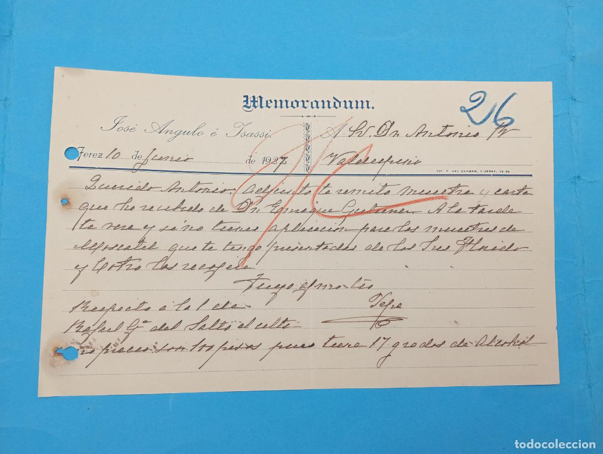 Documentos antiguos: MEMORANDUM. JOSE ANGULO E YSASSI. JEREZ DE LA FRONTERA. 1927.
