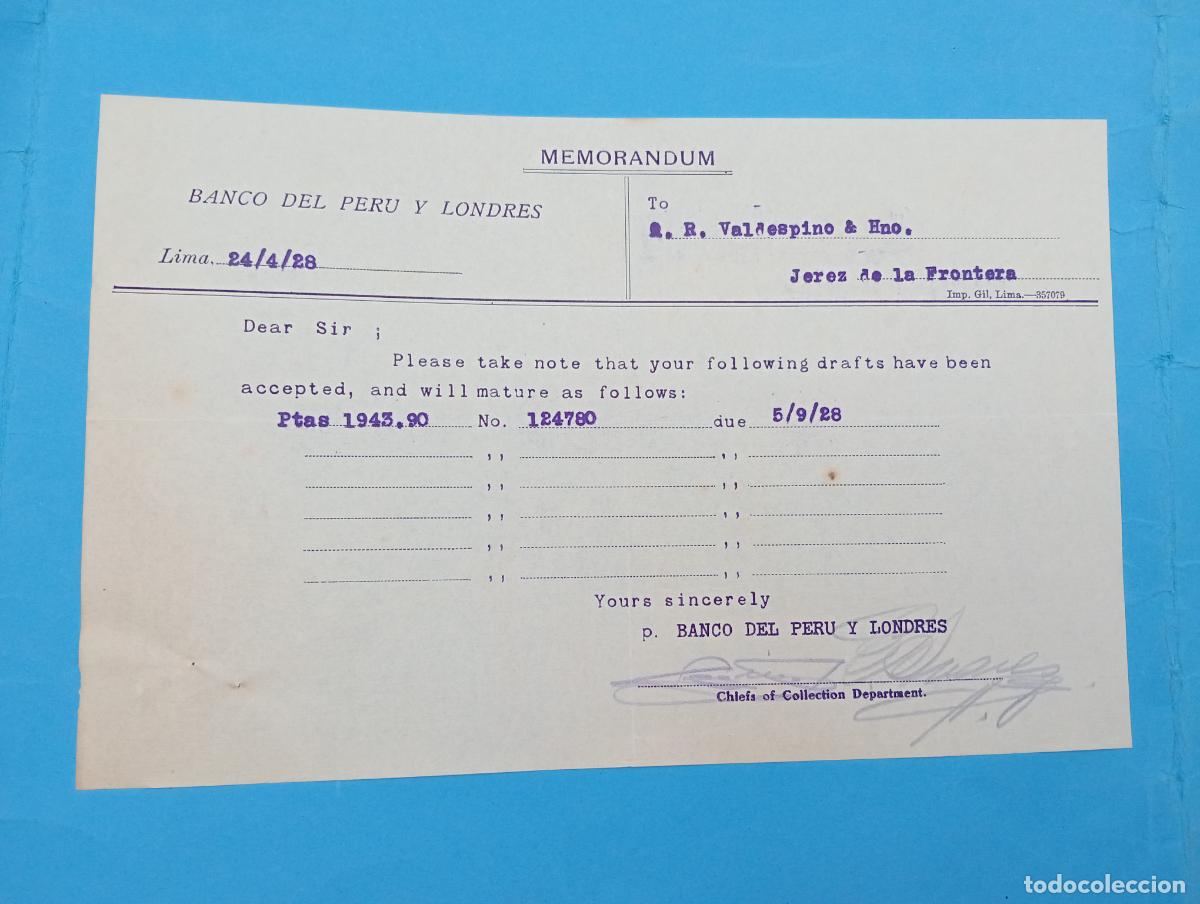 Documentos antiguos: MEMORANDUM. BANCO DEL PERU Y LONDRES. LIMA, PERU. 1928.