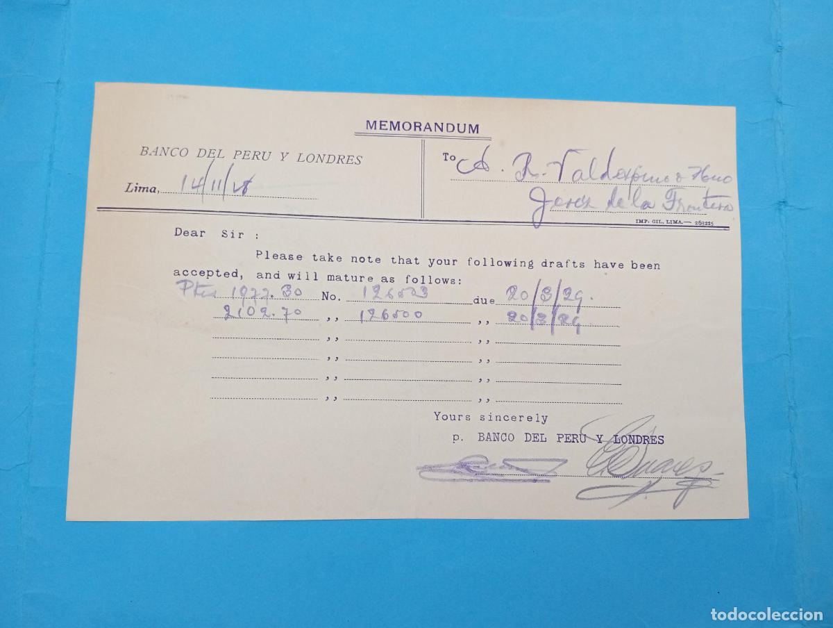 Documentos antiguos: MEMORANDUM. BANCO DEL PERU Y LONDRES. LIMA, PERU. 1928.