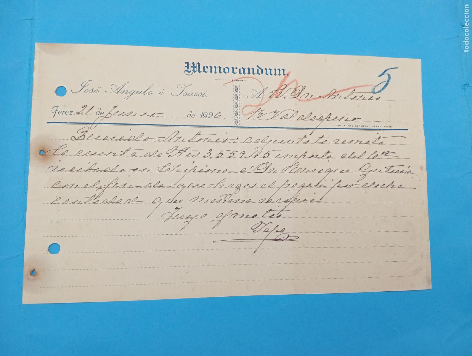 Documentos antiguos: MEMORANDUM. JOSE ANGULO E YSASSI. JEREZ DE LA FRONTERA. 1926. - Foto 1