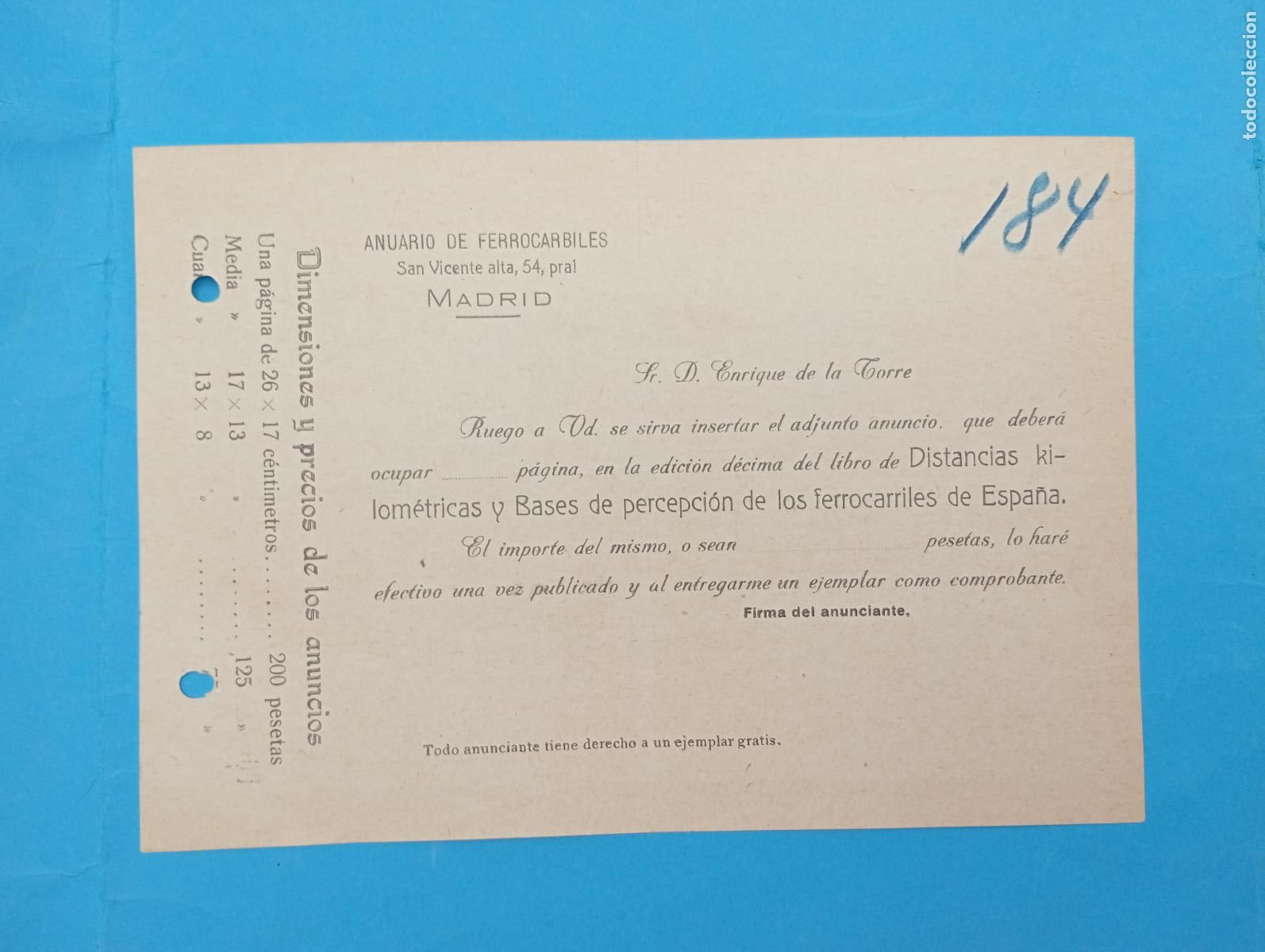 Documentos antiguos: ANUARIO DE FERROCARRILES. MADRID. SOLICITUD INSERTAR PUBLICIDAD Y PRECIOS.