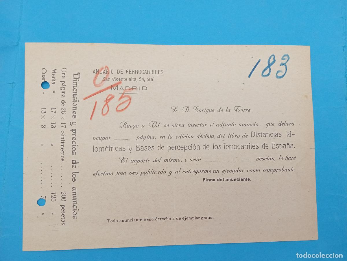 Documentos antiguos: ANUARIO DE FERROCARRILES. MADRID. SOLICITUD INSERTAR PUBLICIDAD Y PRECIOS.