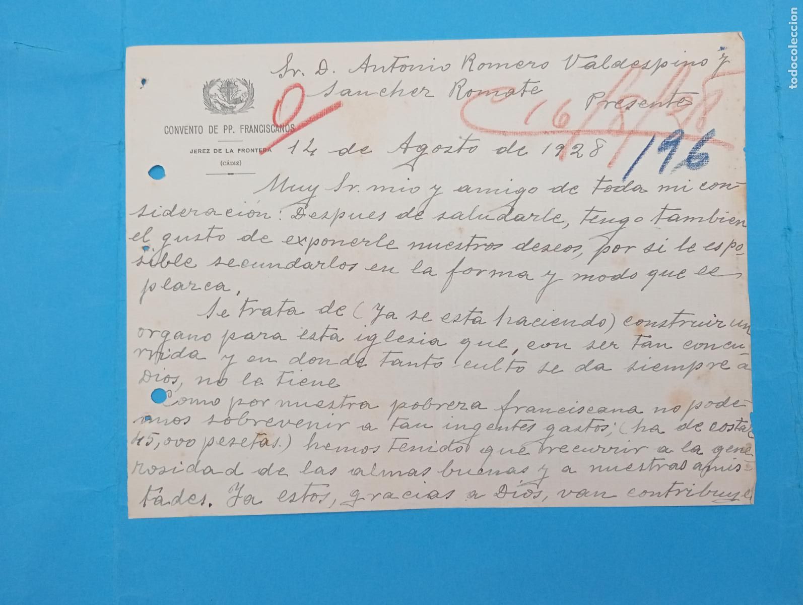 Documentos antiguos: JEREZ DE LA FRONTERA. PP. FRANCISCANO. CARTA DEL PADRE GABRIEL HERNANDEZ.
