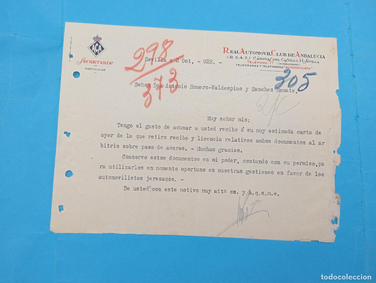 Documentos antiguos: REAL AUTOMOVIL CLUB ANDALUCIA. SEVILLA. 1928. CARTA.