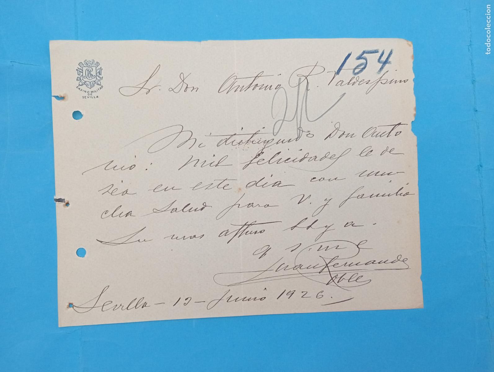 Documentos antiguos: CASINO MILITAR DE SEVILLA. 1926. CARTA.