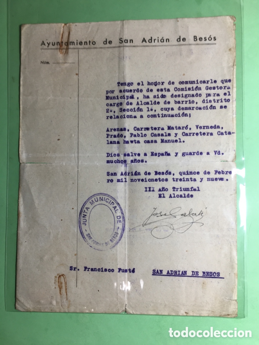 Documentos antiguos: 1939 3&ordm; A&Ntilde;O TRIUNFAL AYUNTAMIENTO SAN ADRI&Aacute;N BES&Oacute;S DESIGNACI&Oacute;N ALCALDE DE BARRIO DTO. 2&ordm; SECC. 1&ordf;
