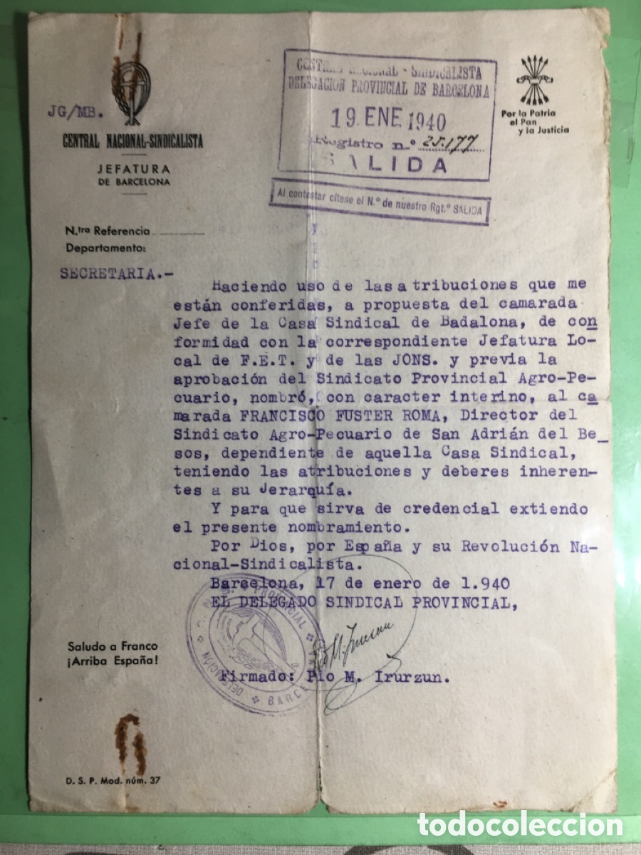 Documentos antiguos: 1940 CENTRAL NACIONAL SINDICALISTA BCN NOMBRA A &hellip;&hellip;..DIRECTOR SINDICATO AGRO PECUARIOS. ADRI&Aacute;N BES&Oacute;S