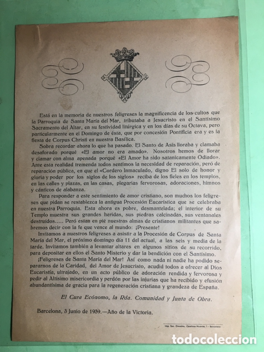 Documentos antiguos: 1939 3/6 A&Ntilde;O VICTORIA PARROQUIA SANTA MAR&Iacute;A DEL MAR BCN INVITACI&Oacute;N A PROCESI&Oacute;N DEL CORPUS EL 11/6