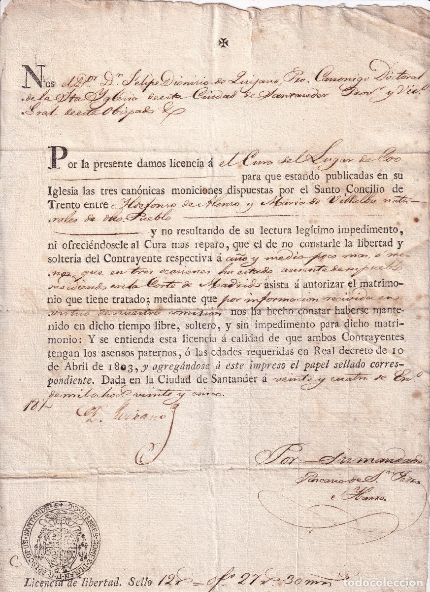 Documents Anciens: PERMISO A DOS VECINOS DE COO, LOS CORRALES DE BUELNA, CANTABRIA PARA CONTRAER MATRIMONIO. 1825