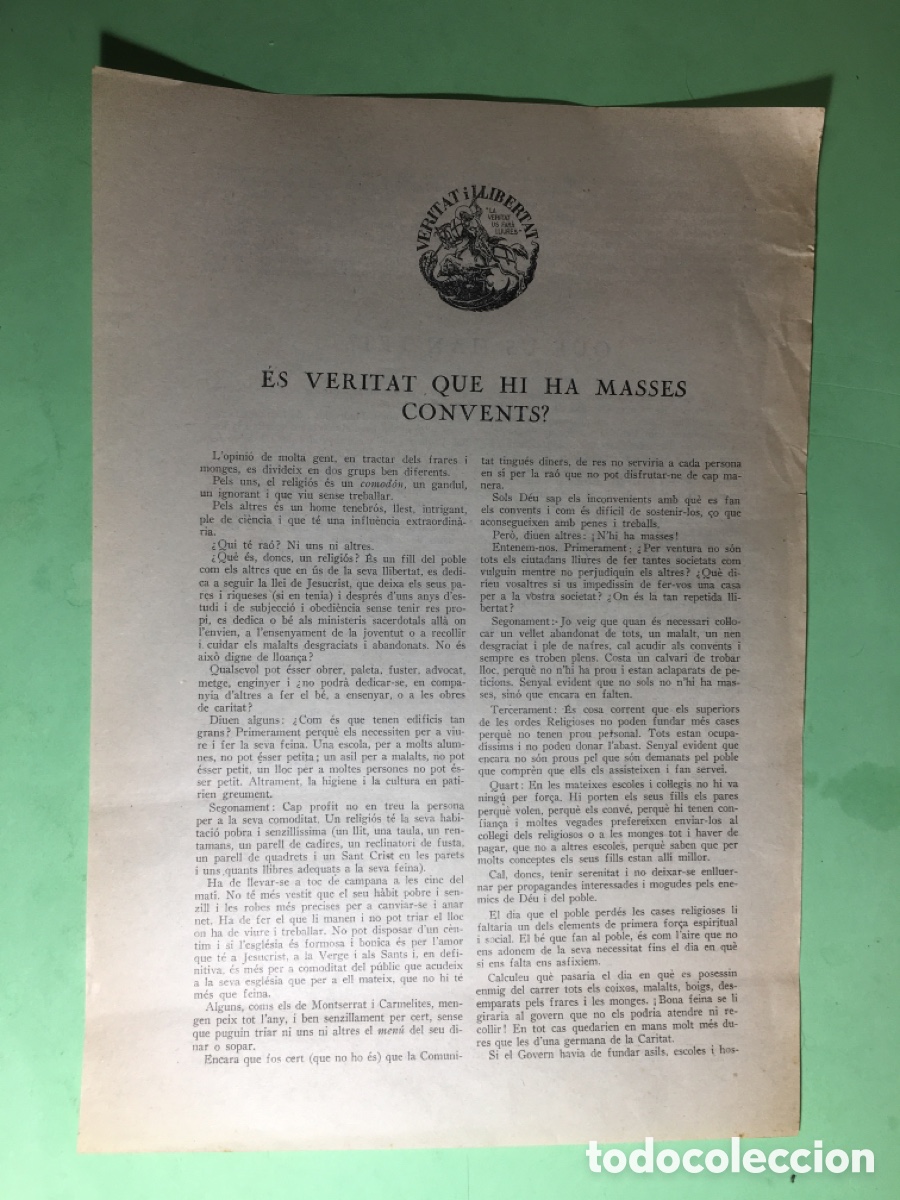Documentos antiguos: 30&rsquo;s ca. VERITAT I LLIBERTAT - ES VERITAT QUE HI HA MASSES CONVENTS? QU&Egrave; US HAN FET?