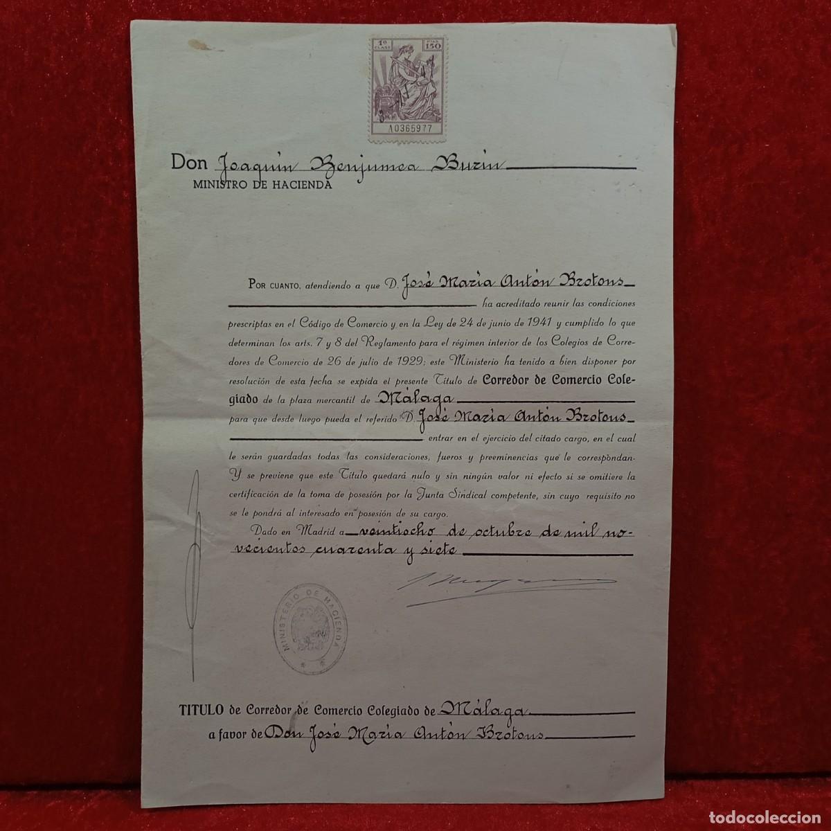 Documentos antiguos: DOCUMENTO - T&Iacute;TULO DE CORREDOR DE COMERCIO COLEGIADO - 1947 - RARO / CAA - 29 - Foto 1