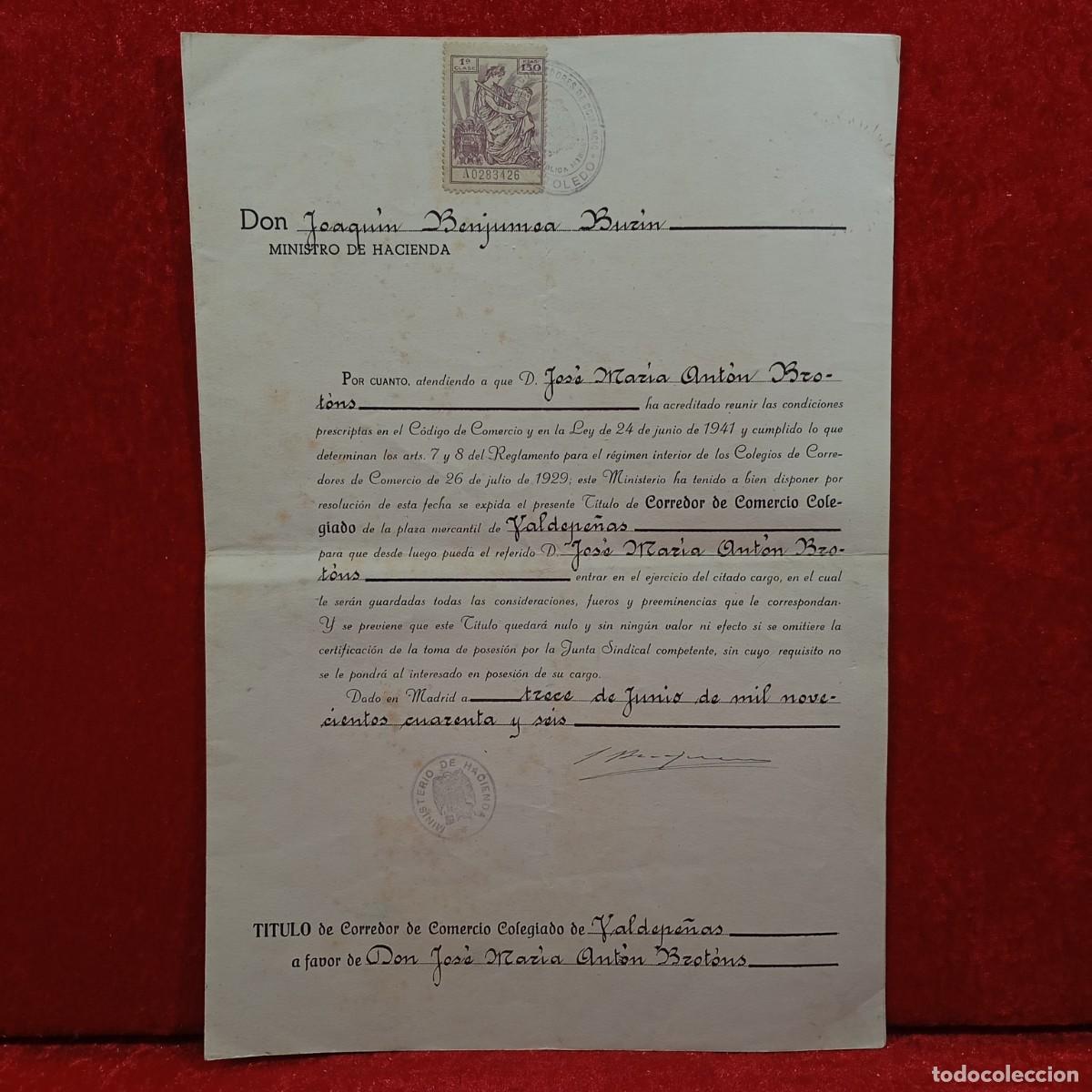 Documentos antiguos: DOCUMENTO - T&Iacute;TULO DE CORREDOR DE COMERCIO COLEGIADO - 1946 - RARO / CAA - 30 - Foto 1