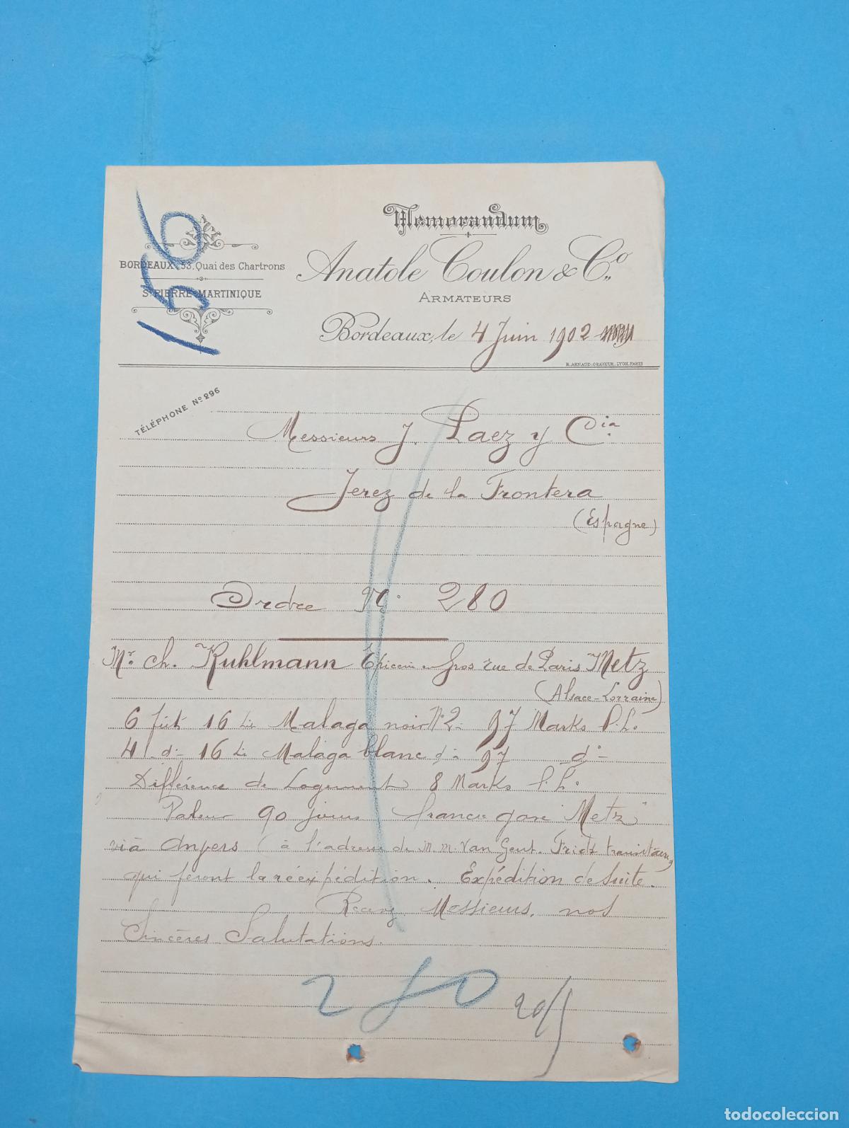 Documentos antiguos: MEMORANDUM. ANATOLE COULON & C&ordf;. BORDEAUX, FRANCIA. 1902.