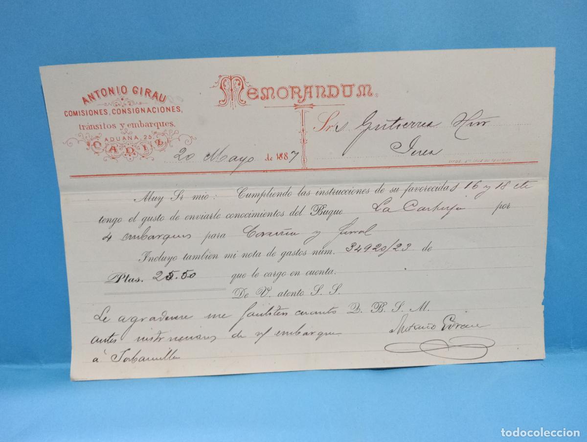 Documentos antiguos: MEMORANDUM. ANTONIO GIRAU. TRANSITOS Y EMBARQUES. C&Aacute;DIZ, 1887.