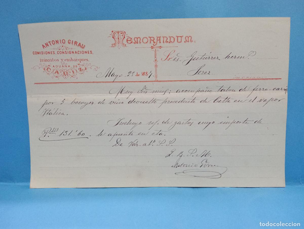 Documentos antiguos: MEMORANDUM. ANTONIO GIRAU. TRANSITOS Y EMBARQUES. C&Aacute;DIZ, 1887.