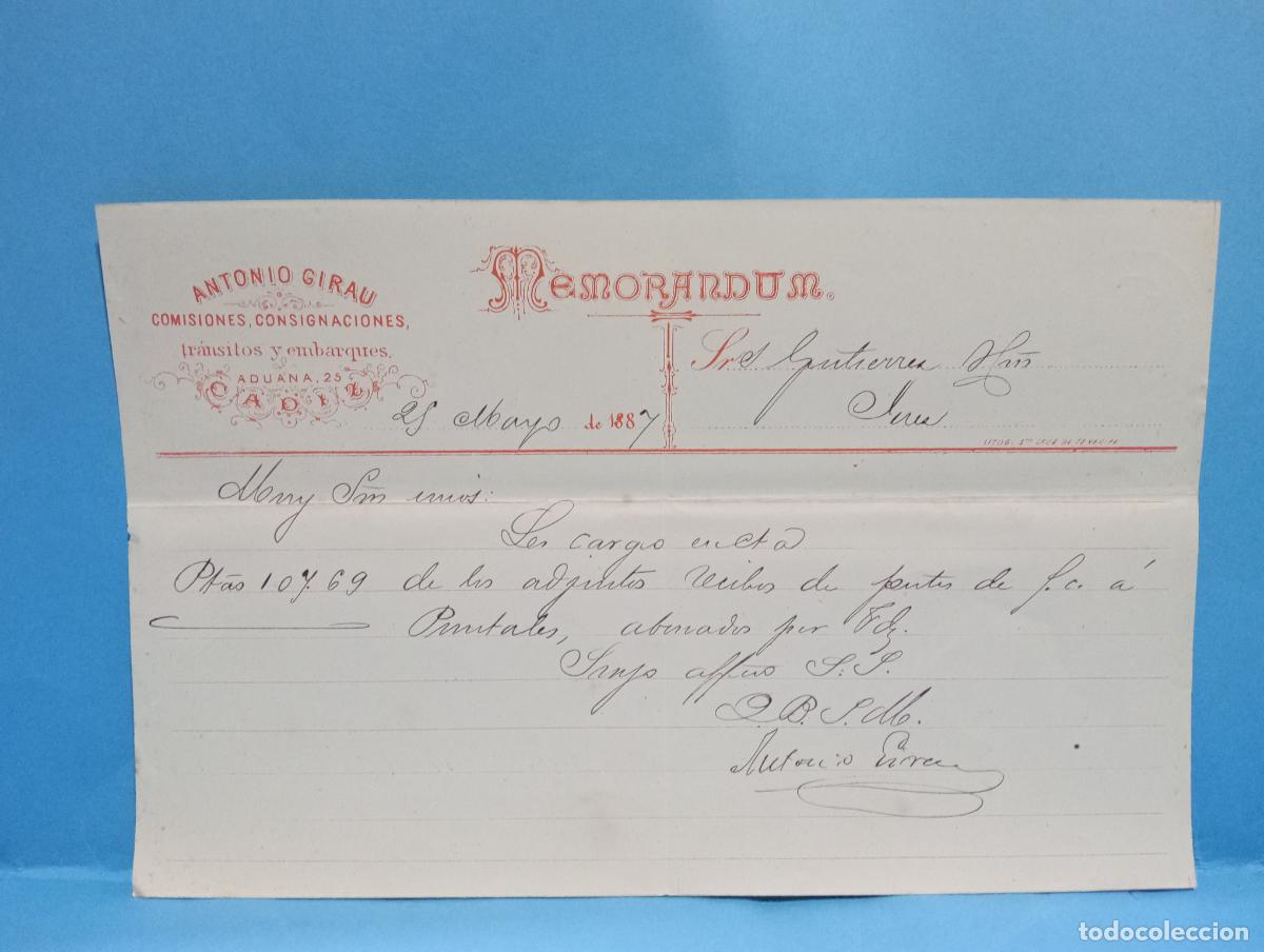 Documentos antiguos: MEMORANDUM. ANTONIO GIRAU. TRANSITOS Y EMBARQUES. C&Aacute;DIZ, 1887.