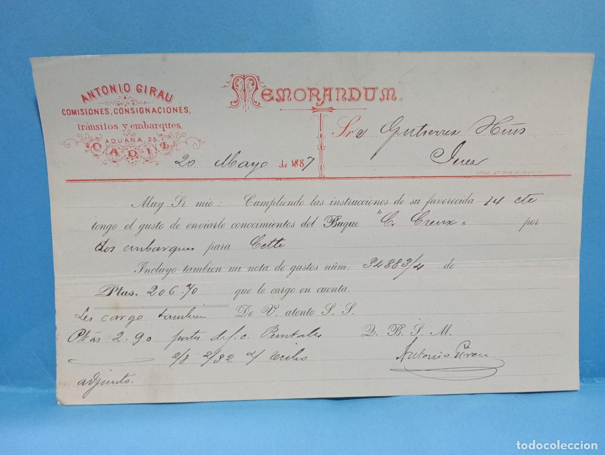 Documentos antiguos: MEMORANDUM. ANTONIO GIRAU. TRANSITOS Y EMBARQUES. C&Aacute;DIZ, 1887.