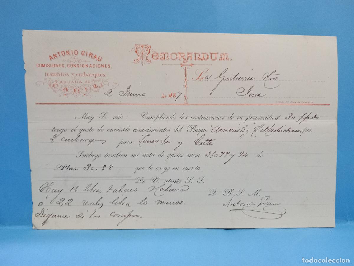 Documentos antiguos: MEMORANDUM. ANTONIO GIRAU. TRANSITOS Y EMBARQUES. C&Aacute;DIZ, 1887.