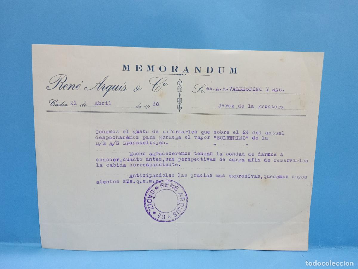 Documentos antiguos: MEMORANDUM. REN&Eacute; ARQU&Iacute;S & C&ordm;. C&Aacute;DIZ, 1930.