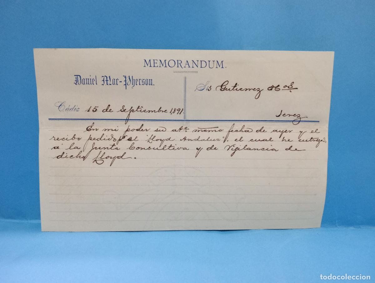 Documentos antiguos: MEMORANDUM. DANIEL MAR-PHERSON. C&Aacute;DIZ, 18891. - Foto 1