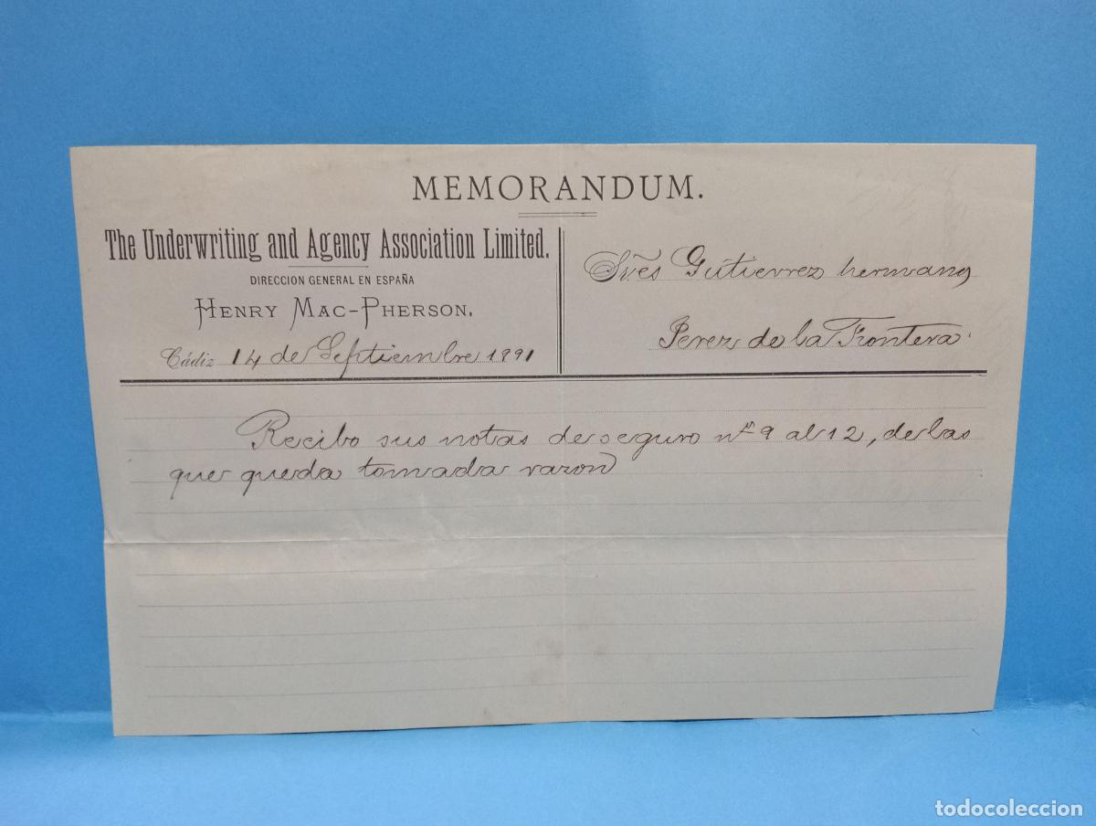 Documentos antiguos: MEMORANDUM. THE UNDERWRITING AND AGENCY ASSOCIATION LIMITED. C&Aacute;DIZ. 1891.