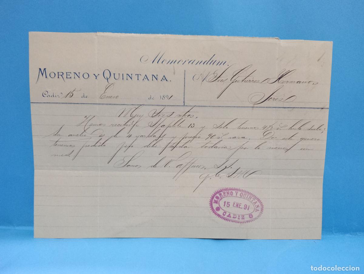 Documentos antiguos: MEMORANDUM. MORENO Y QUINTANA. C&Aacute;DIZ. 1891.