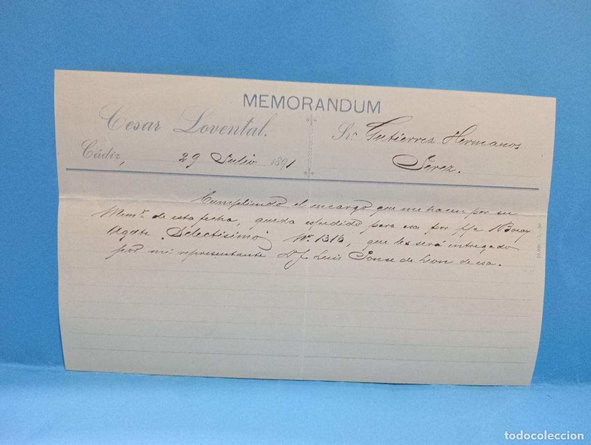 Documentos antiguos: MEMORANDUM. CESAR LOVENTAL. C&Aacute;DIZ. 1891.