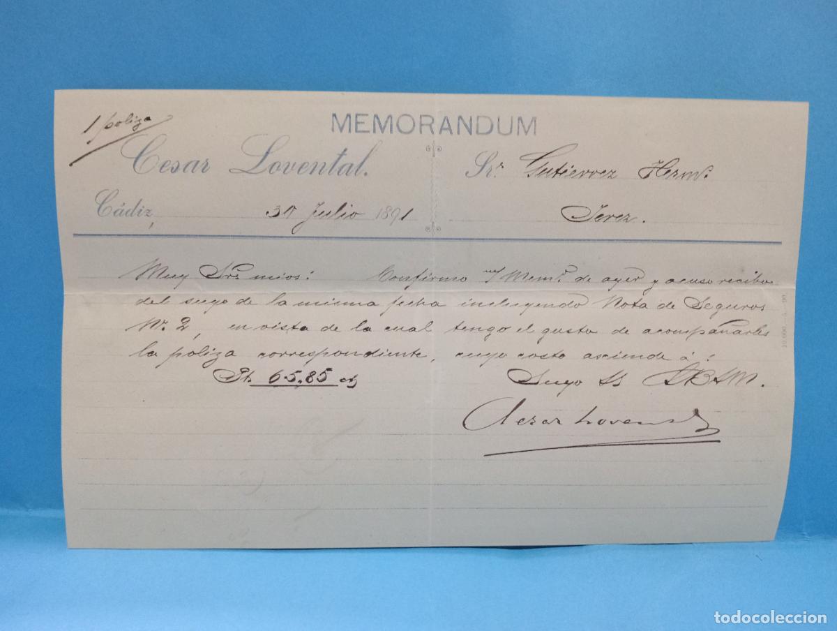 Documentos antiguos: MEMORANDUM. CESAR LOVENTAL. C&Aacute;DIZ. 1891.
