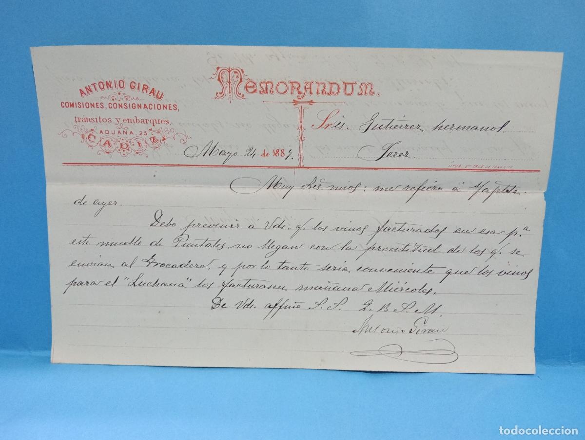 Documentos antiguos: MEMORANDUM. ANTONIO GIRAU. TRANSITOS Y EMBARQUES. C&Aacute;DIZ, 1887.
