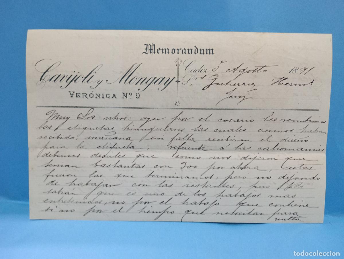 Documentos antiguos: MEMORANDUM. CAVIJOLI Y MONGAY. C&Aacute;DIZ, 1891.