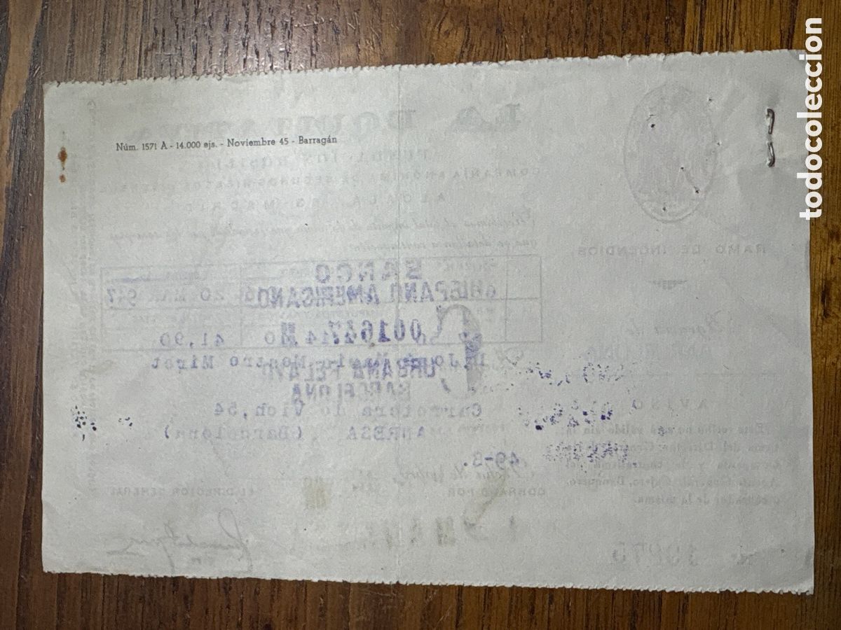 Documentos antiguos: Documento de La Equitativa. Ramo de incendios. 1947 SEGUROS - Foto 3