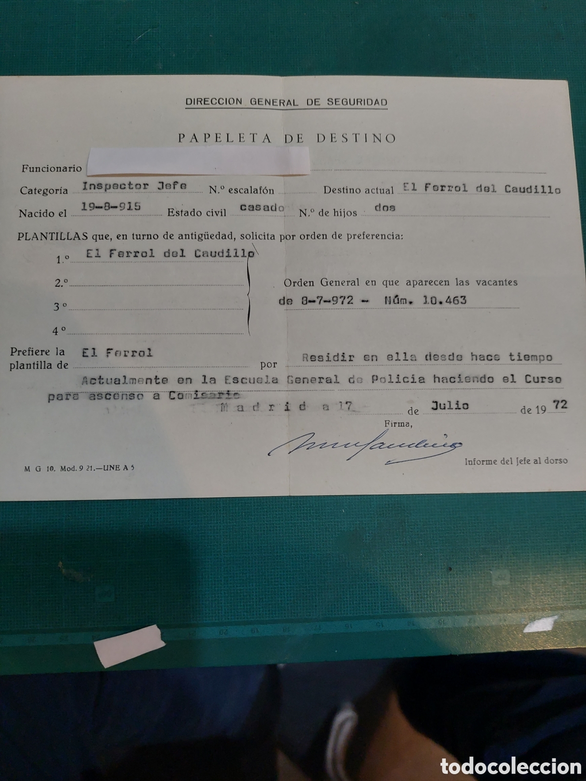 Documentos antiguos: Documento direcci&oacute;n General seguridad 1972 destino - Foto 1
