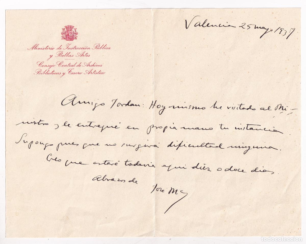 Documentos antigos: CARTA DE JOS&Eacute; MAR&Iacute;A LACARRA A PABLO JORD&Aacute;N DE URRIES. VALENCIA, MAYO 1937