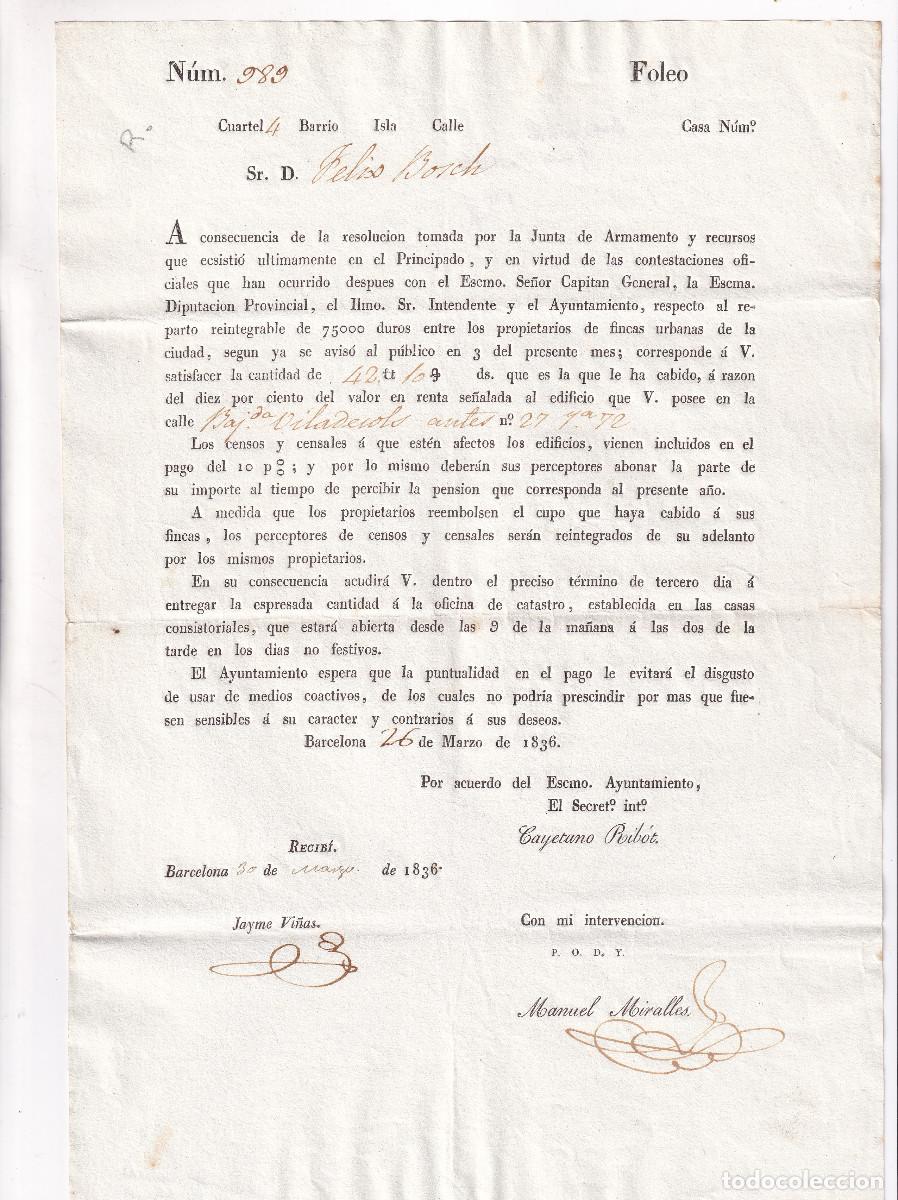 Documents Anciens: BARCELONA. CONTRIBUCI&Oacute;N URBANA POR LA GUERRA CARLISTA. 30 DE MARZO DE 1836. CATALU&Ntilde;A