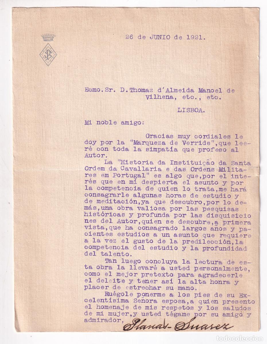 Documents Anciens: CARTA DE SIM&Oacute;N PLANAS SU&Aacute;REZ A TOM&Aacute;S D'ALMEIDA MANOEL DE VILHENA. 1921